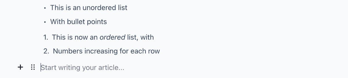 Screenshot showing the config options available when defining a list within an article